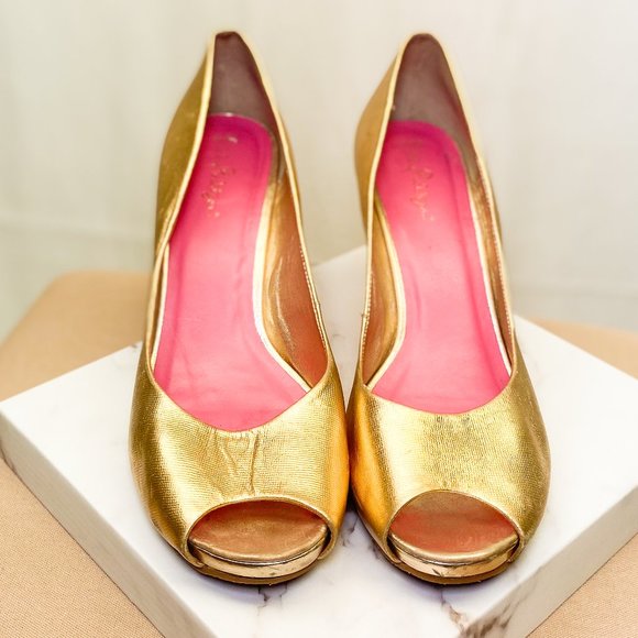 Lilly Pulitzer Sexy Gold Glam Heels Resort Chic Wedge Women's Statement Shoe 10 - Picture 12 of 13